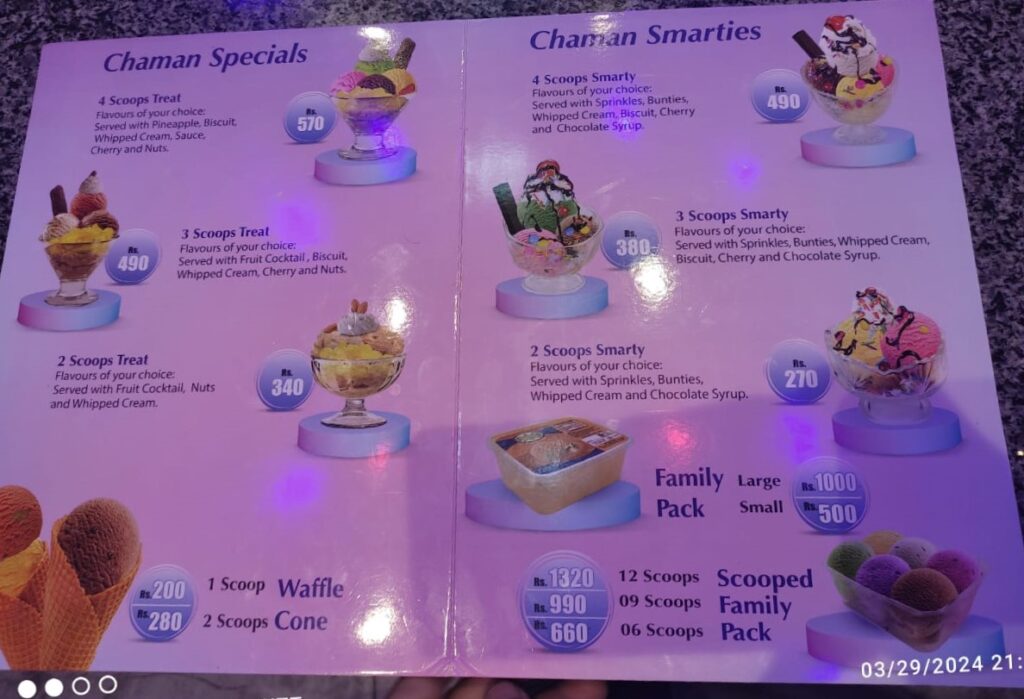 Chaman Ice Cream Pasrur menu