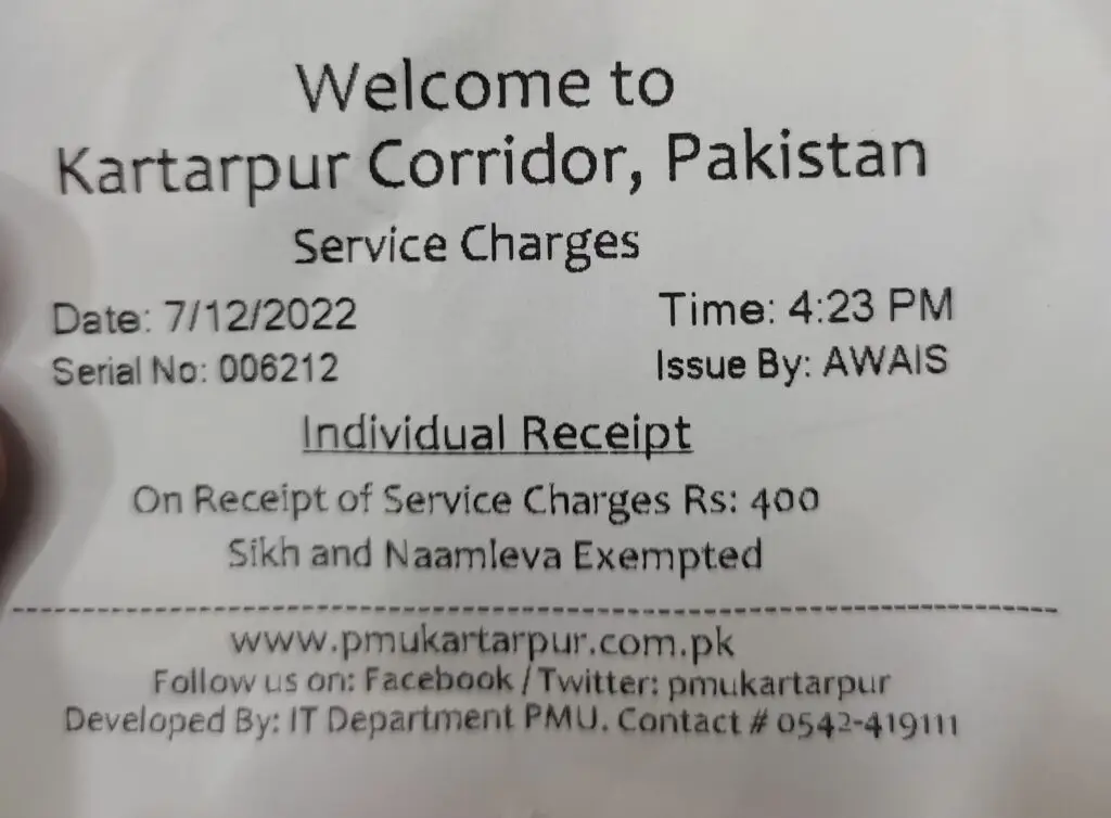 Kartarpur Gurdwara ticket price for Pakistani